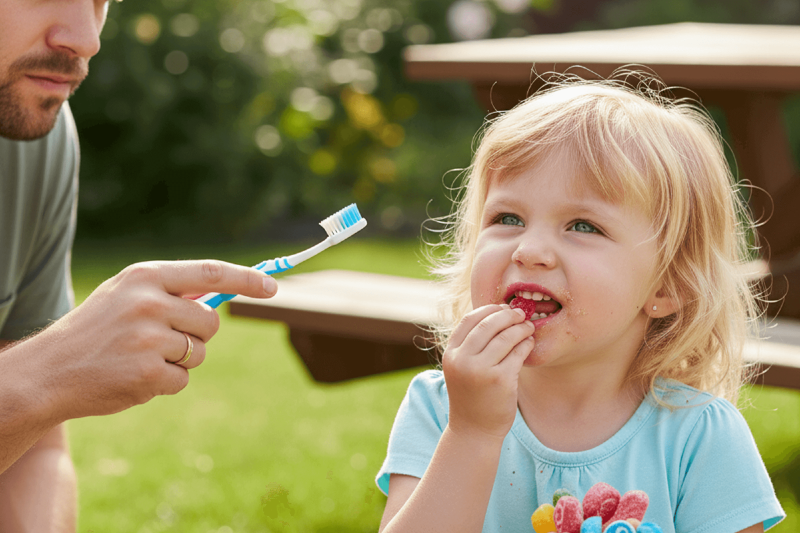 Djevojcica jede slatkis dok joj roditelj pokazuje cetkicu za zube Djevojcica jede slatkis dok joj roditelj pokazuje cetkicu za zube
